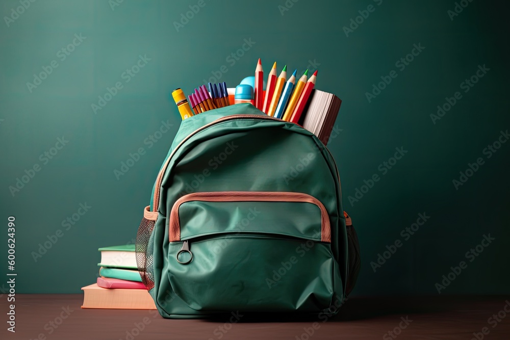 blue backpack filled with school supplies on a white background. Generative AI blue backpack filled with school supplies on a white background. Generative AI
