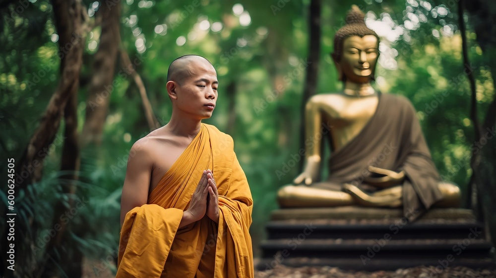 Naklejka premium A monk standing praying in front of a golden Buddha, Generative AI
