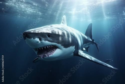 Animals  nature and wildlife concept. Great white shark swimming in deep blue waters. Generative AI