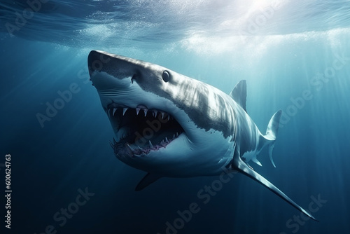 Animals, nature and wildlife concept. Great white shark swimming in deep blue waters. Generative AI