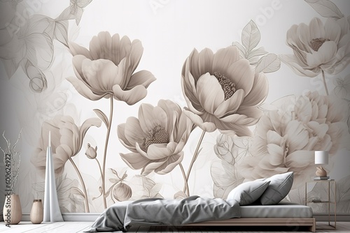 Wallpaper Mural 3d mural wallpaper with simple floral painting light gray background. generate ai Torontodigital.ca