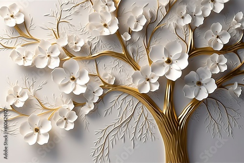 3d wallpaper floral tree with white flower leaves and golden stem.  generate ai