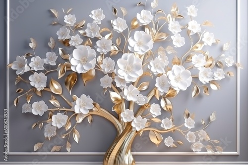 Fototapeta Naklejka Na Ścianę i Meble -  3d wallpaper floral tree with white flower leaves and golden stem.  generate ai
