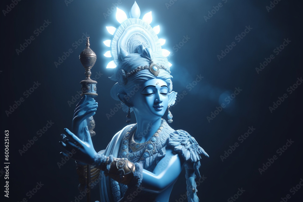 Culture and religious concept. God Krishna sculpture. Blue colored. Copy space. Generative AI Culture and religious concept. God Krishna sculpture. Blue colored. Copy space. Generative AI