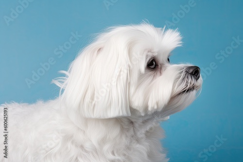 cute small white dog with long hair on a blue background. Generative AI