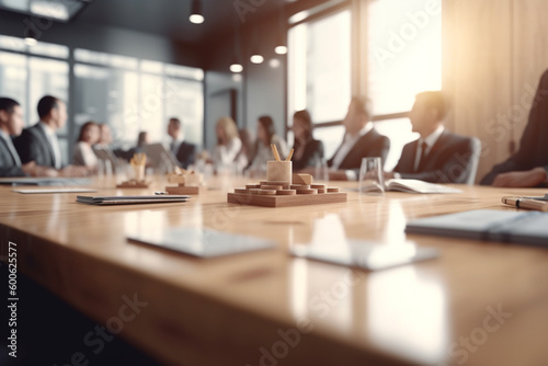 Business concept. Business meeting in boardroom. Blurred people on background. Team meeting in office near table. Generative AI
