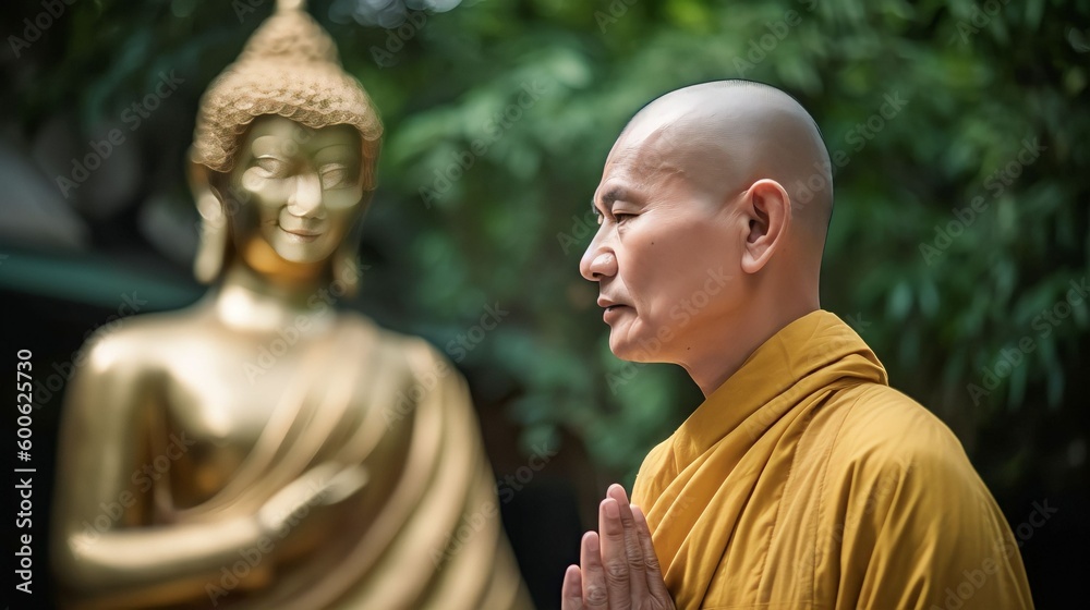 Naklejka premium A monk standing praying in front of a golden Buddha, Generative AI
