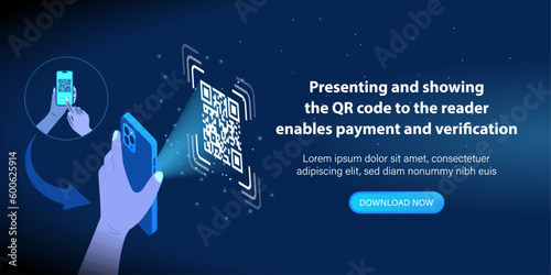 Show QR code on smartphone screen enables payment and verification. Scan QR codes with a mobile smartphone by hand. Present and show QR code to the reader. Vector.

