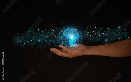 Solution for web banner design or landing page template for an ad agency with hands coming out of the screen with the brain, virtual icons, colorful thinking, and link leading lines.