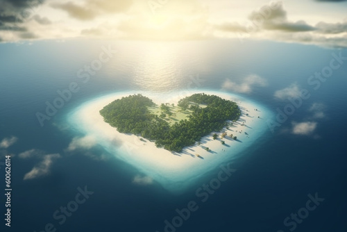 Travel, vacation and leisure concept. Tropical island in the shape of a heart in the middle of the ocean with sandy beach and rocks view from air. Valentines Day. Generative AI © Rytis