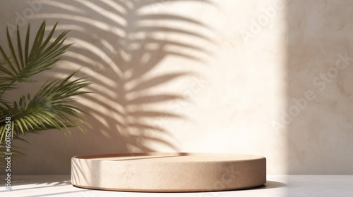 Modern empty pastel brown concrete counter table top in sunlight, palm leaf shadow on stucco texture wall for luxury organic cosmetic