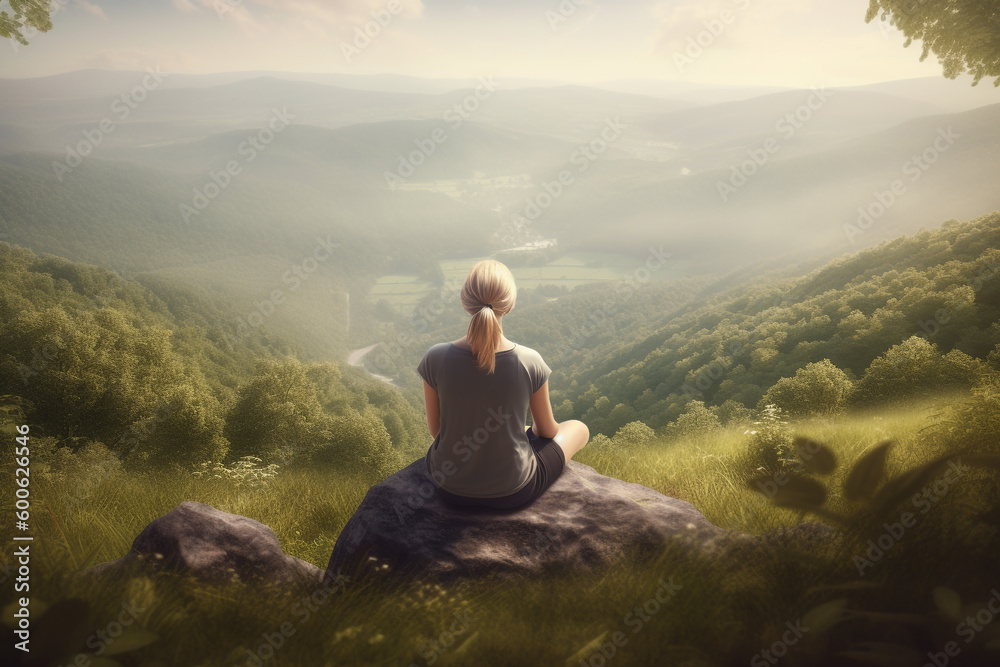 Healthcare and lifestyle concept. Young woman meditating in nature. Generative AI
