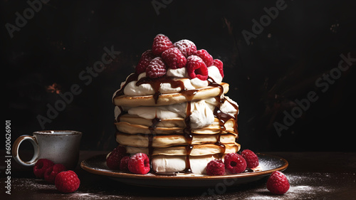 a homemade stack of pancakes, topped with syrup, whipped cream, and raspberries. 

- created with generative ai - 