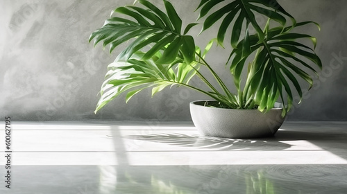 Top view of grey polished cement concrete floor in dappled sunlight, shadow and green tropical leaf tree in foreground for modern luxury beauty