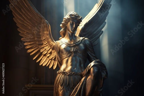 Culture and religion concept. Angel ancient statue with wings in church. Sunlight illuminating statue. Generative AI