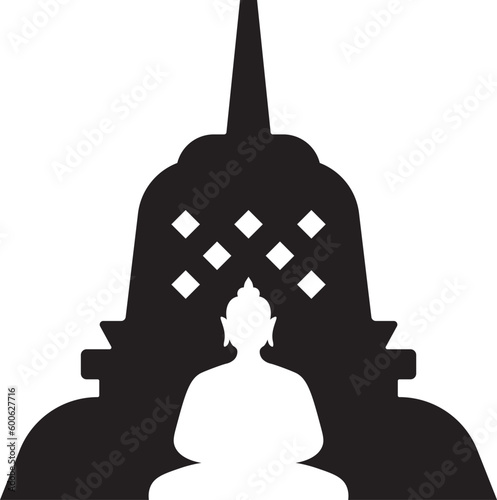Buddha Sit In Temple Silhouette Vector Illustration