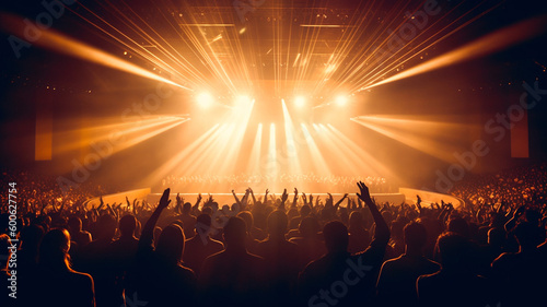 A concert hall with people silhouettes clapping in front of a big stage lit by spotlights. Shot is taken from concert crowd point of view, lens flare is visible Generative AI.