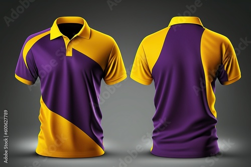 Purple and yellow polo shirt template, front and back view, 3d rendering photo