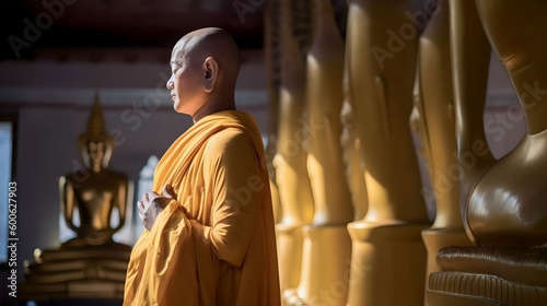 A monk standing praying in front of a golden Buddha, Generative AI © Salsabila Ariadina