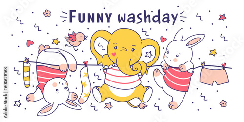 Funny washday concept with cute baby animals: bunnies and elephant. Isolated cartoon print, characters and underwear drying on clothesline. Used for t shirt. Fun doodle style vector print. photo