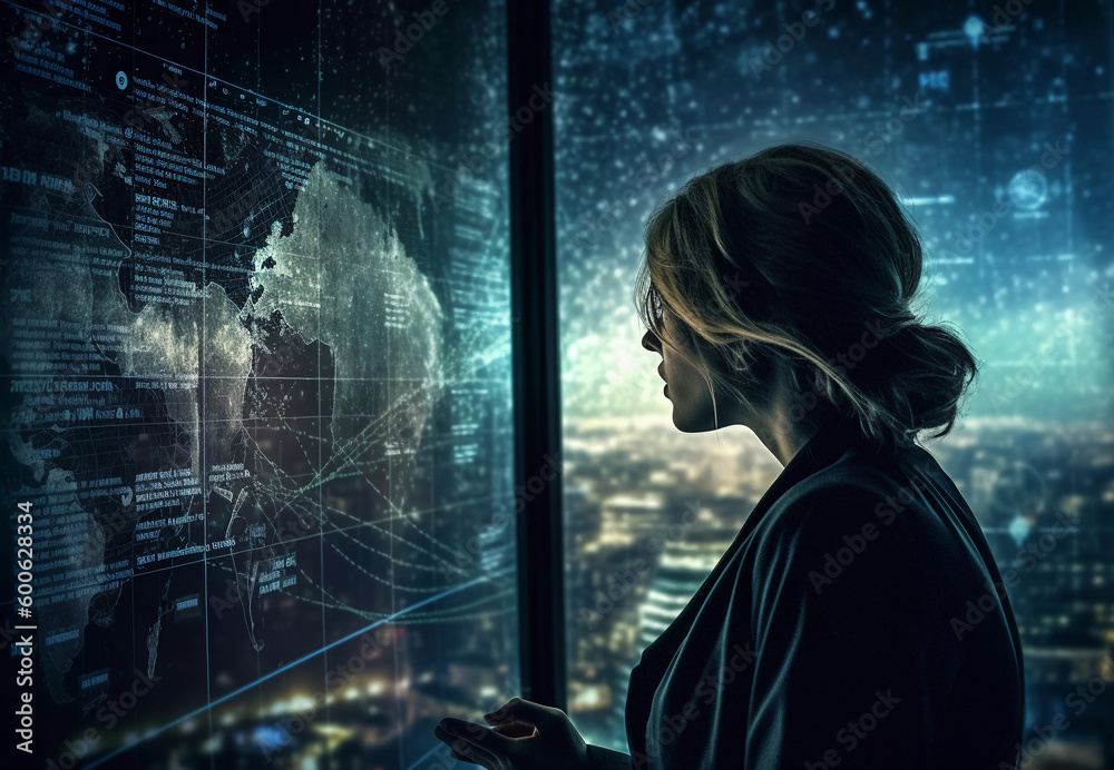 Businessman on blurred background using Europe map globe network hologram 3D rendering With Generative AI technology. Businessman on blurred background using Europe map globe network hologram 3D rendering With Generative AI technology.