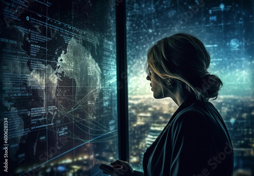 Businessman on blurred background using Europe map globe network hologram 3D rendering With Generative AI technology.