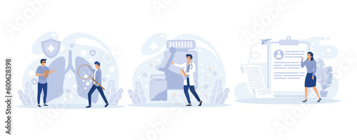 Respiratory system disease. Bronchial asthma diagnosis, medicine and treatment, set flat vector modern illustration