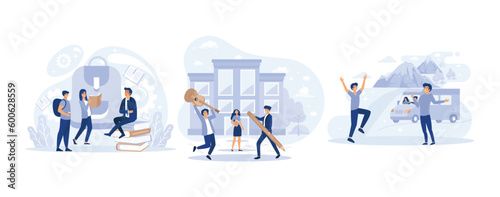 School environment, Socialization of pupils, student club, field trip, after-school activity, social interaction,  set flat vector modern illustration