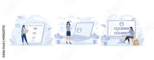 Real estate broker, Couple meeting broker in office, visiting real estate firm, realtor showing a house to customers, set flat vector modern illustration