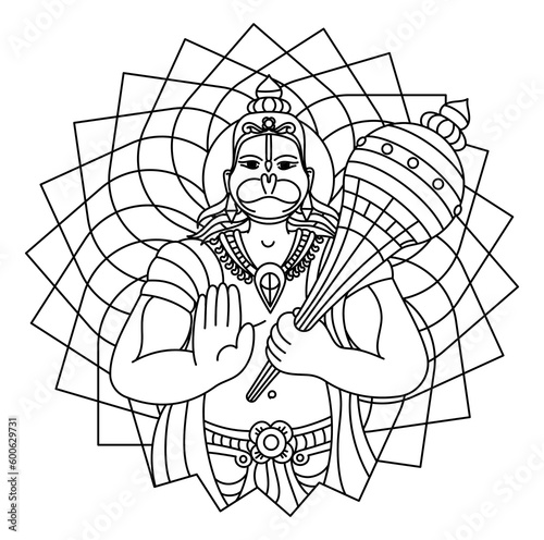Hanuman, servant of Rama with a mace. Coloring book for children and adults.