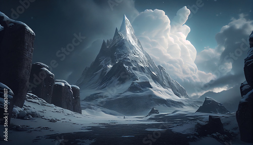Low-Angle-Shot of Giant Mountain of Ice and Snow Rising Into The Clouds and Beyond Landscape Background AI Generative