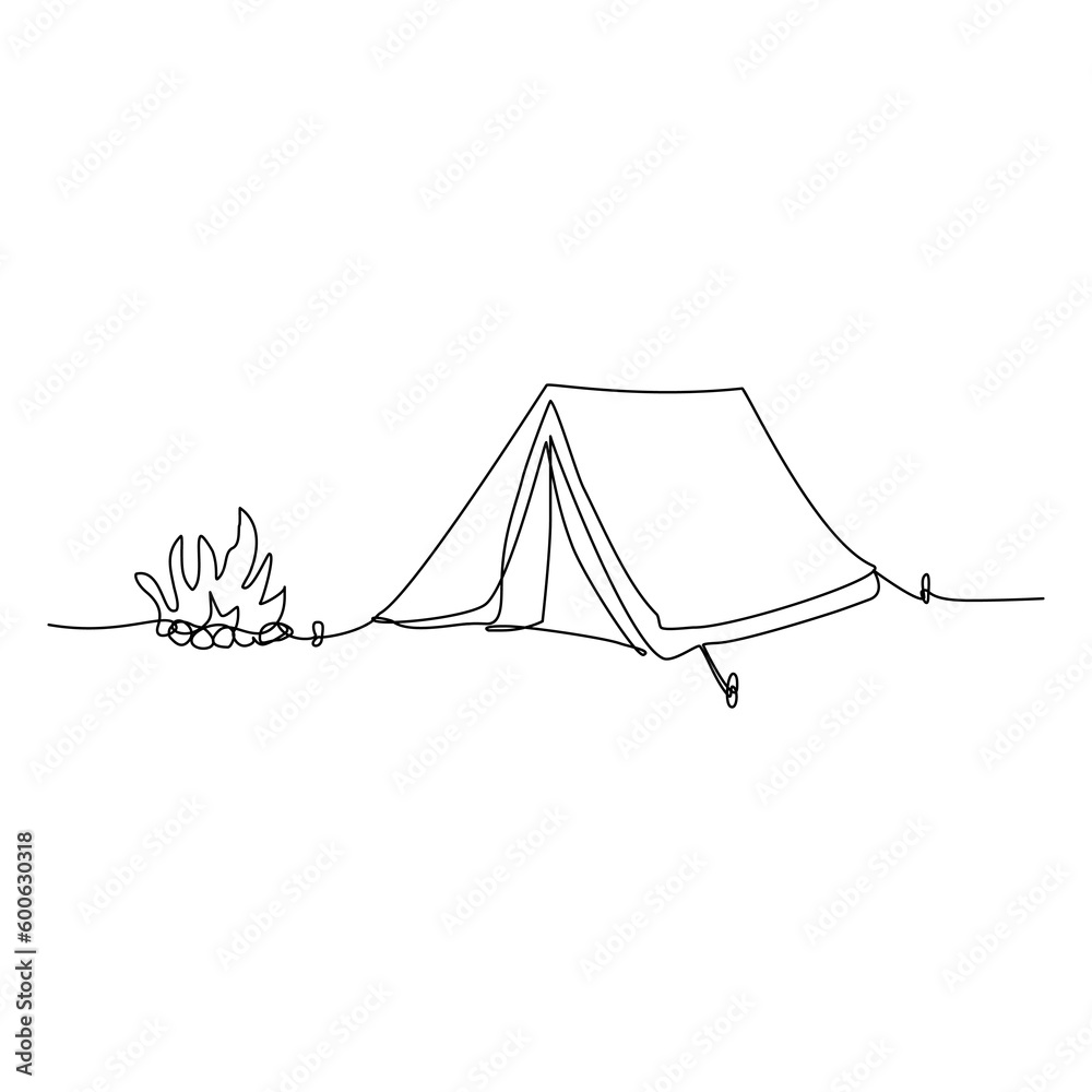 camping illustration with campfire continuous single line - obrazy, fototapety, plakaty 