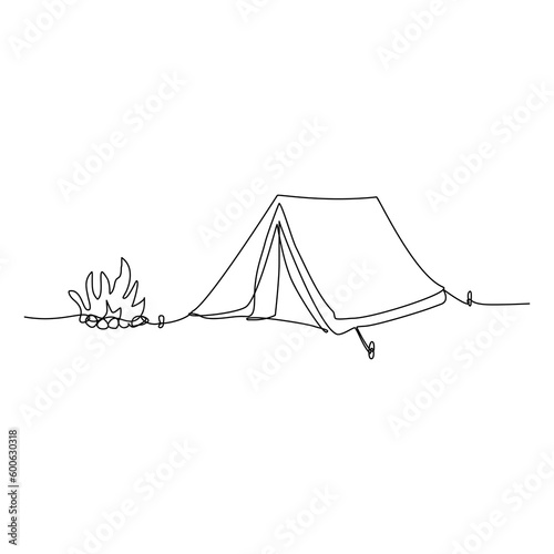 Print op canvas camping illustration with campfire continuous single line
