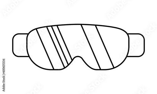 Vector outline illustration of the snowboarding goggles. Black and white web line icon isolated. Skiing or traveling clothes and equipment