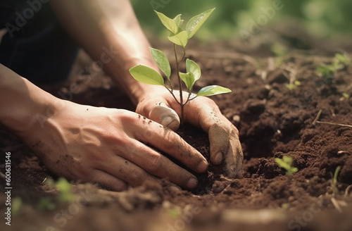 AI generative. Hands of the farmer are planting the seedlings into the soil