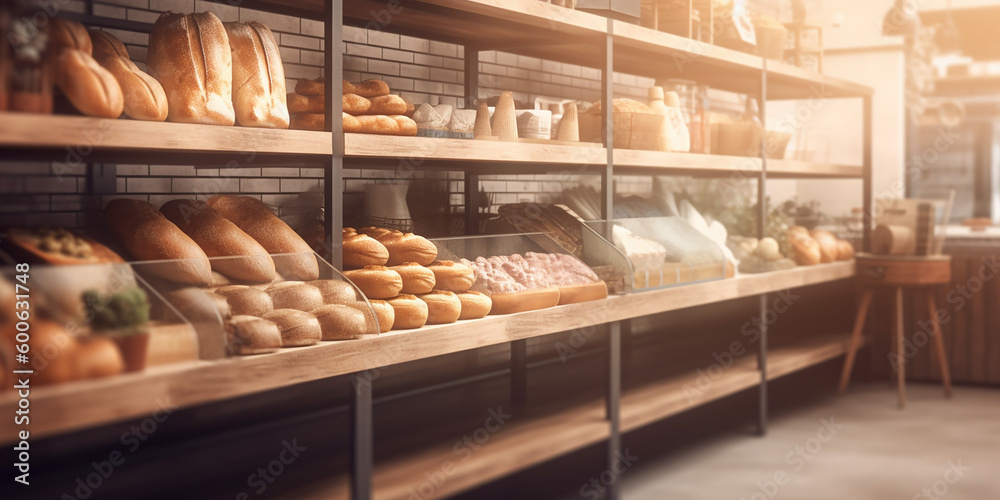 Eco-friendly bakery store with wooden wall, parquet floor, variety of bread, bun, snack on shelf for healthy shopping lifestyle, interior design decoration background with generative AI technology