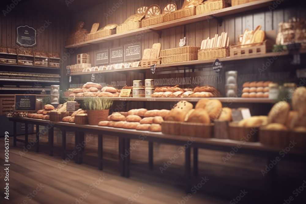 Eco-friendly bakery store with wooden wall, parquet floor, variety of bread, bun, snack on shelf for healthy shopping lifestyle, interior design decoration background with generative AI technology