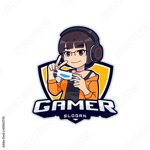 Cute gamer girl esport logo badge