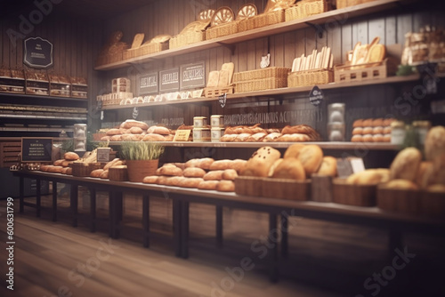 Obraz na płótnie Eco-friendly bakery store with wooden wall, parquet floor, variety of bread, bun, snack on shelf for healthy shopping lifestyle, interior design decoration background with generative AI technology w salonie