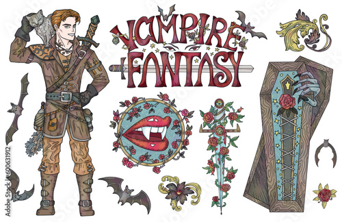 Design vector set with colorful fantasy illustrations of vampire hunter, coffin, bats and old victorian decorations. Halloween collection with gothic and esoteric symbols.