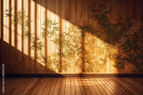 Soft and beautiful foliage dappled sunlight of tropical bamboo tree leaf shadow on brown wooden panel wall with wood for interior design decoration background with generative AI technology