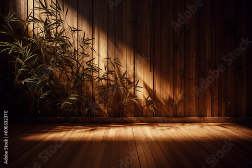 Soft and beautiful foliage dappled sunlight of tropical bamboo tree leaf shadow on brown wooden panel wall with wood for interior design decoration background with generative AI technology
