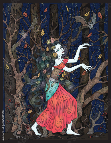 Vintage colorful illustration with beautiful vampire princess in gloomy autumn forest with creepy branches, romantic scary Halloween background, hand drawn art with esoteric fantasy concept photo