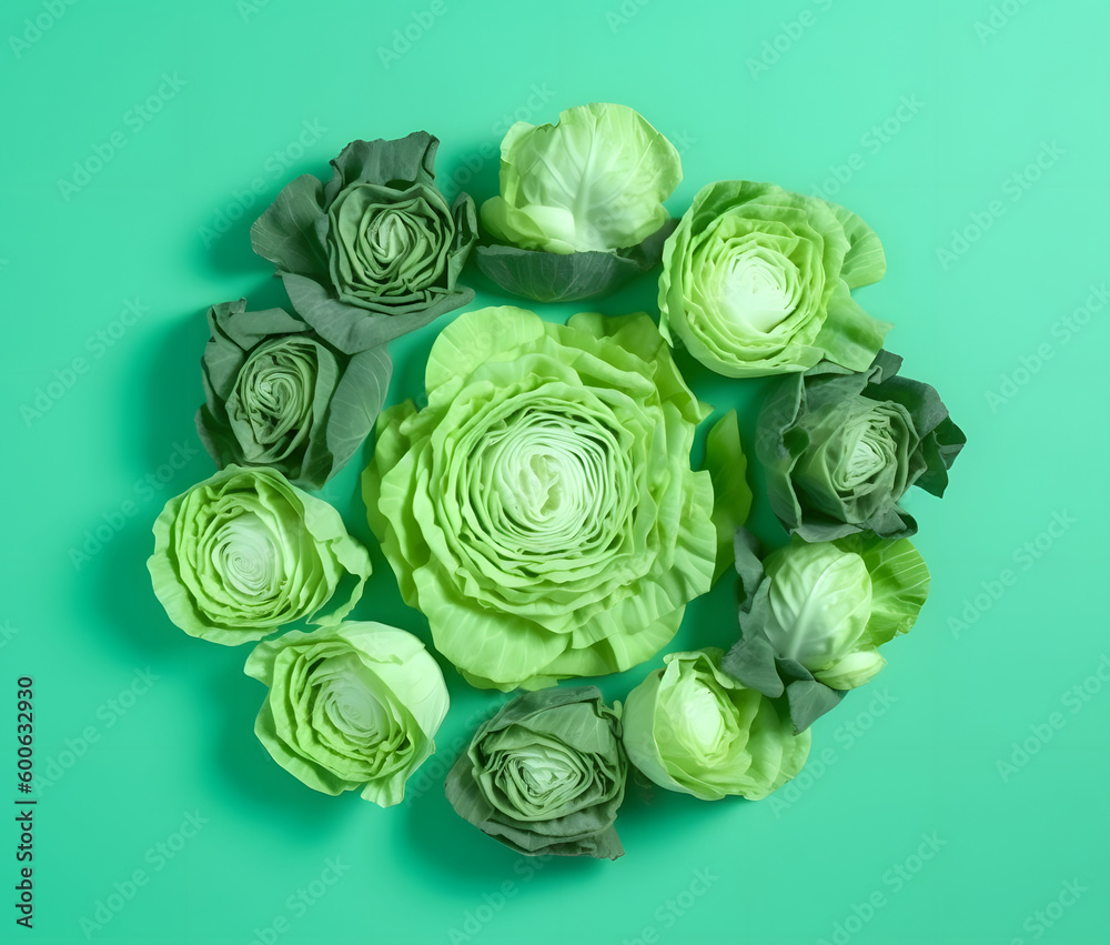 Obraz premium A vibrant circular arrangement of various green cabbage heads against an aqua background.