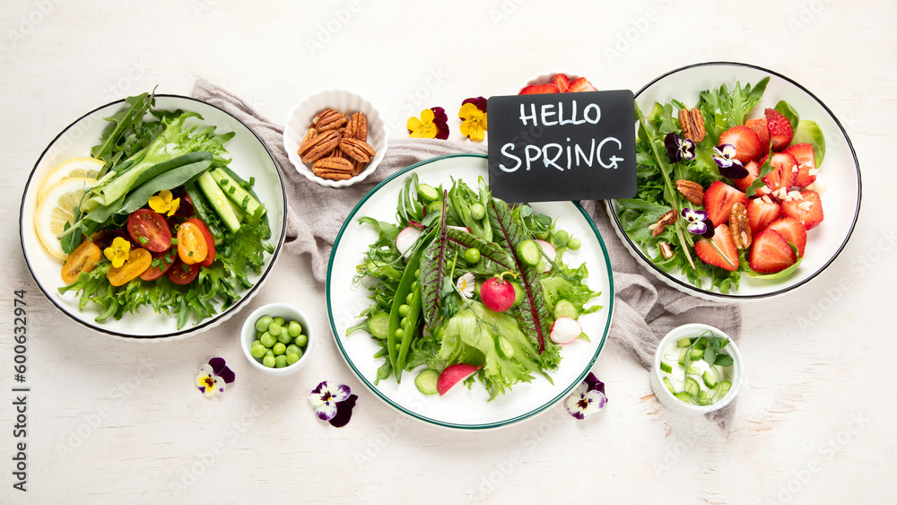 Various of spring vegetable salads. Tasty healthy food. Various of spring vegetable salads. Tasty healthy food.