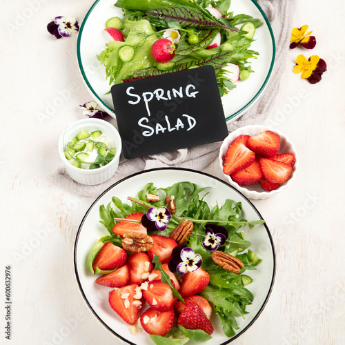 Various of spring vegetable salads. Tasty healthy food.