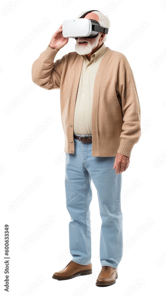 older man using virtual reality headset isolated on a transparent background, generative ai older man using virtual reality headset isolated on a transparent background, generative ai