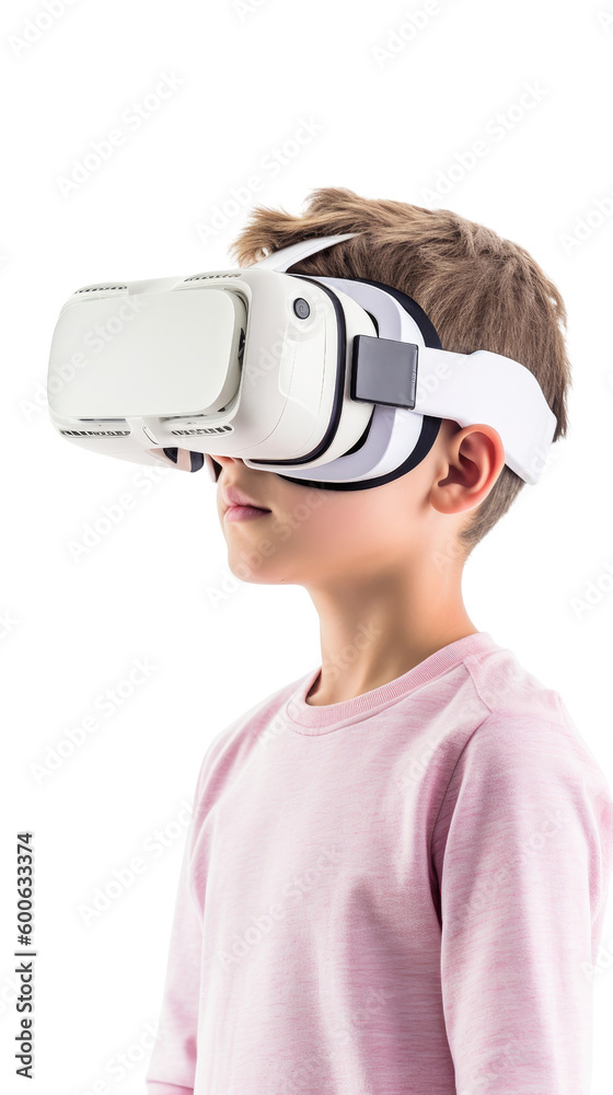 child using virtual reality headset isolated on a transparent background, generative ai