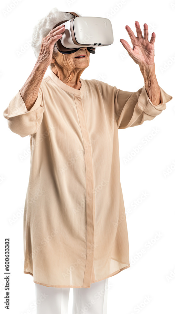 older woman using virtual reality headset isolated on a transparent background, generative ai older woman using virtual reality headset isolated on a transparent background, generative ai