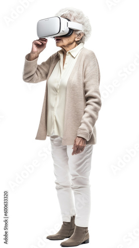 older woman using virtual reality headset isolated on a transparent background, generative ai © Perfect PNG